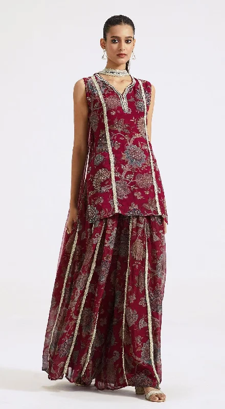 Women's Holiday Attire Feminine Allure Wine Floral Sharara Set