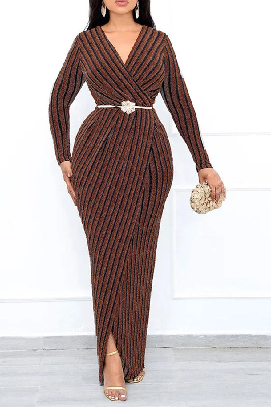 Women's Sporty Chic Clothes Special Occasion Wear Vertical Striped V Neck Shimmery Belted Maxi Dress Women's Sporty Chic Clothes Special Occasion Wear Vertical Striped V Neck Shimmery Belted Maxi Dress