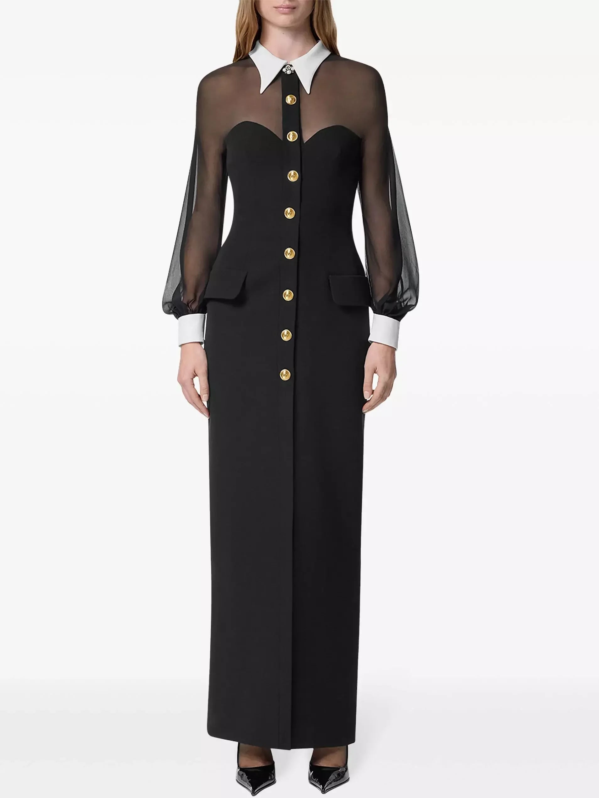 Women's High-Fashion Garments Contemporary Chic Black Semi Sheer Snap Button Closure Maxi Dress Women's High-Fashion Garments Contemporary Chic Black Semi Sheer Snap Button Closure Maxi Dress