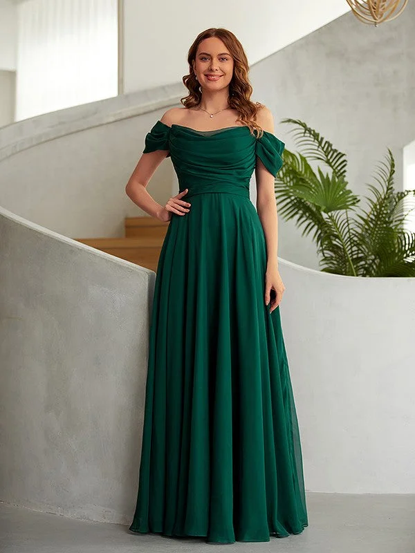 Women's Transitional Attire Unbeatable Prices A-Line/Princess 30D Chiffon Ruched Off-the-Shoulder Sleeveless Floor-Length Dresses Women's Transitional Attire Unbeatable Prices A-Line/Princess 30D Chiffon Ruched Off-the-Shoulder Sleeveless Floor-Length Dresses