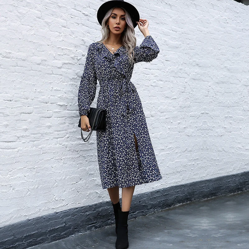 Women's Weekend Outfit Hot Brand Discounts IKEARLAX autumn printed V-neck pullover high-waisted dress women's medium and long ruffle edge floral skirt Women's Weekend Outfit Hot Brand Discounts IKEARLAX autumn printed V-neck pullover high-waisted dress women's medium and long ruffle edge floral skirt