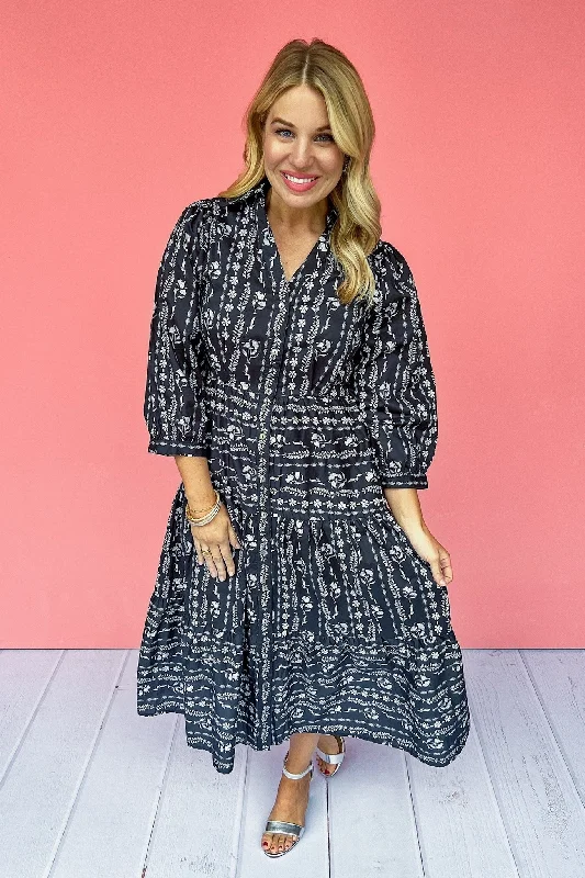 Fashion-Forward Women's Clothing Fashion Forward Floral Stripe Navy Poplin Button Down Tiered Midi Dress
