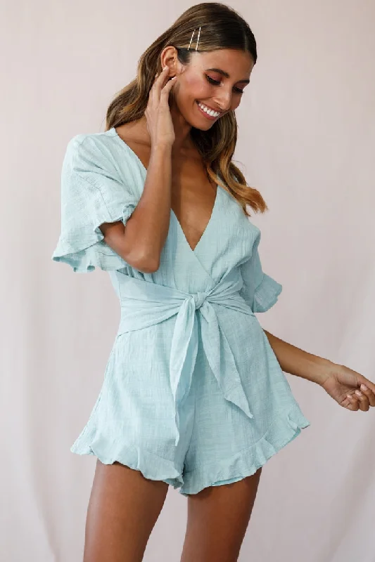 Women's Classic Outfit Fashion-Forward Style Karin Frill Trim Waist Tie Romper Sage