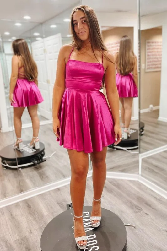 Modern Women's Attire Casual Weekend Relaxed Style Fuchsia Lace-Up Satin A-line Homecoming Dress S3159 Modern Women's Attire Casual Weekend Relaxed Style Fuchsia Lace-Up Satin A-line Homecoming Dress S3159