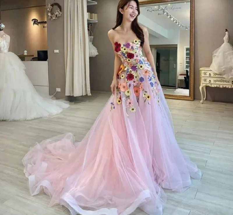 Stylish Women's Outfit Lightweight Fabric Elegant Long Strapless Pink Tulle Prom Dresses Sleeveless with 3D Appliques A Line Sweep Train Stylish Women's Outfit Lightweight Fabric Elegant Long Strapless Pink Tulle Prom Dresses Sleeveless with 3D Appliques A Line Sweep Train