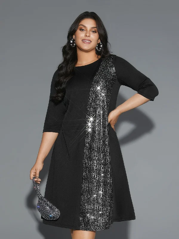 Women's Chic Outerwear Attire Big Savings Round Neck Sequin Patchwork Midi Dress