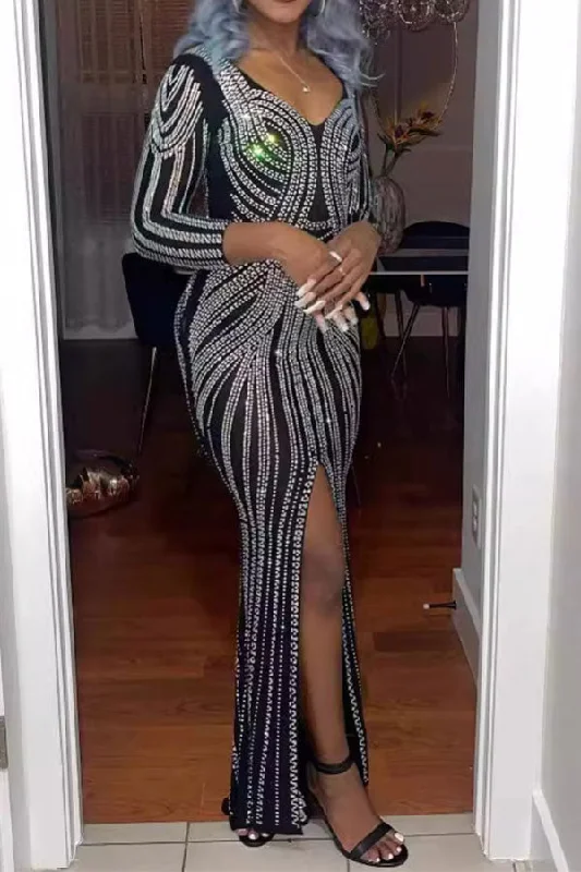 Women's Outfit Low Price Special Rhinestone Luxe Backless Mid Split Maxi Dress