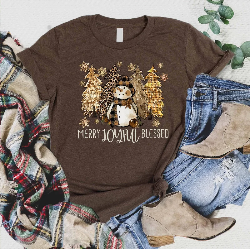 Women's Comfortable Lounge Garments Flash Sale Starts Merry Joyful Blessed Snowman Tee