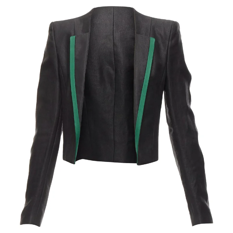 Women's Charming Outfit For Events Day-To-Night Styles Haider Ackermann Ramie Silk Green Trim Cropped Blazer Jacket Women's Charming Outfit For Events Day-To-Night Styles Haider Ackermann Ramie Silk Green Trim Cropped Blazer Jacket