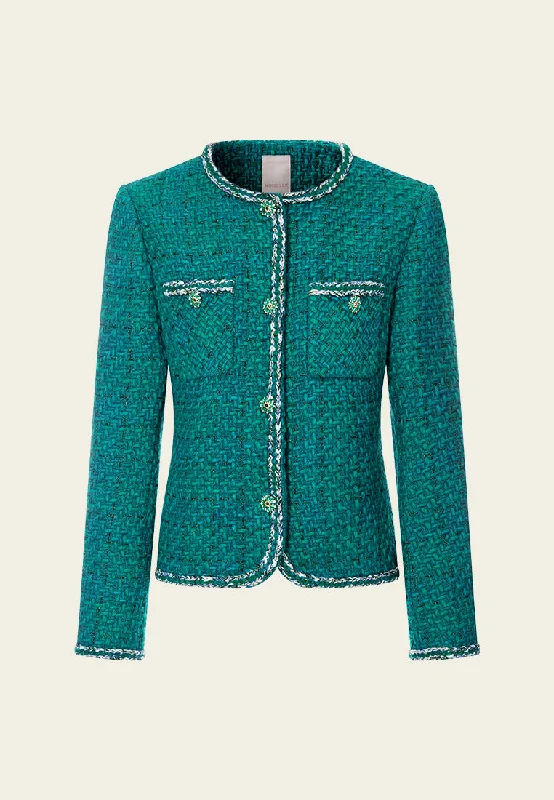 Women's Casual Apparel For Weekends Durable Fashion Picks Emerald Contrasting-trim Tweed Jacket Women's Casual Apparel For Weekends Durable Fashion Picks Emerald Contrasting-trim Tweed Jacket