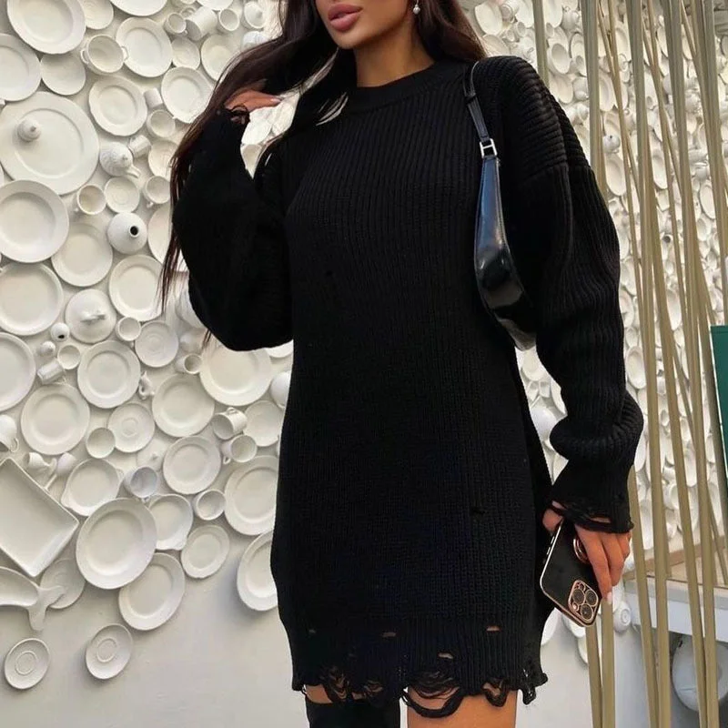 Women's Holiday Clothing You'Ll Love Us Because TastyHottie - Women Sweater Oversize Knitted Black O Neck Long Sleeve Pullover Women's Holiday Clothing You'Ll Love Us Because TastyHottie - Women Sweater Oversize Knitted Black O Neck Long Sleeve Pullover