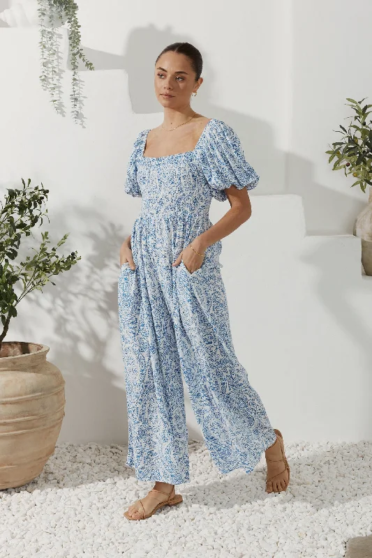 Women's Casual Outfit Trending Items Skyra Blue Boho Puff Sleeve Jumpsuit