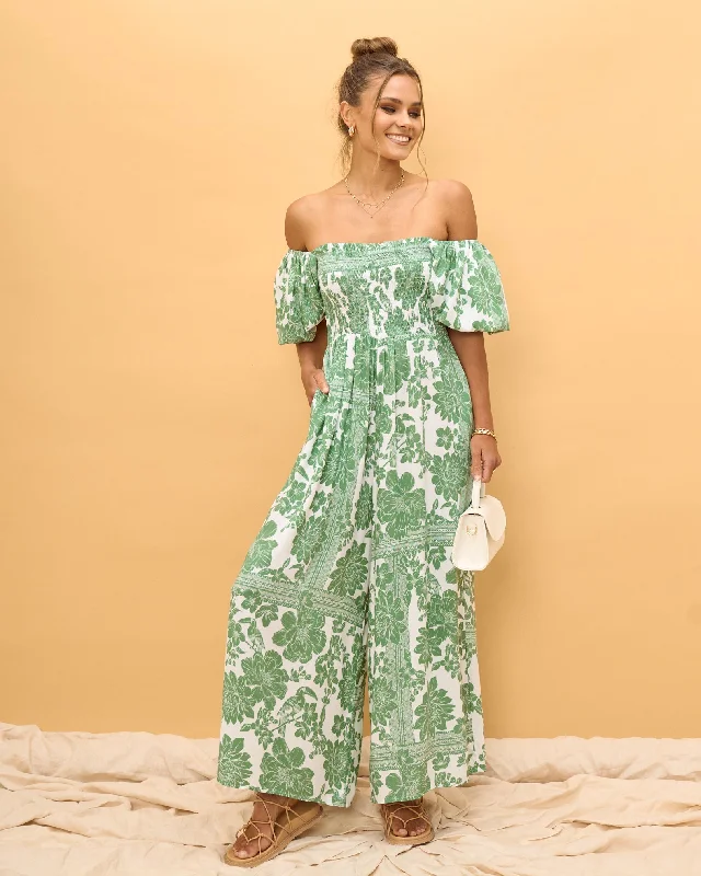 Comfortable Women's Clothes Chic Urban Fashion Look Viridiana Green Floral Puff Sleeve Jumpsuit Comfortable Women's Clothes Chic Urban Fashion Look Viridiana Green Floral Puff Sleeve Jumpsuit