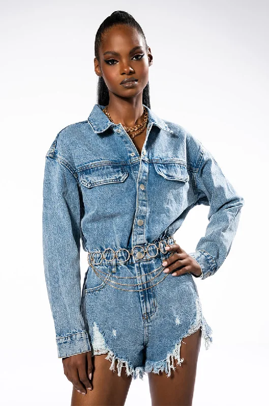 Women's Clothes And Garments Trendy New Clothes ON A ROLL DENIM LONG SLEEVE ROMPER