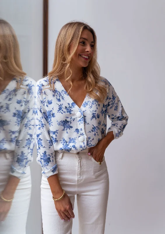 Women's Clothes For Work Events Chic Urban Fashion Look Ecru June Cardigan with Blue Flowers Women's Clothes For Work Events Chic Urban Fashion Look Ecru June Cardigan with Blue Flowers