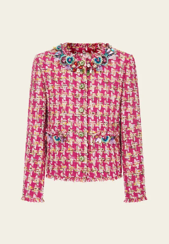 Casual Apparel For Women Your Timeless Wardrobe Awaits Fuchsia Houndstooth Frayed-trim Fantasy Jacket Casual Apparel For Women Your Timeless Wardrobe Awaits Fuchsia Houndstooth Frayed-trim Fantasy Jacket