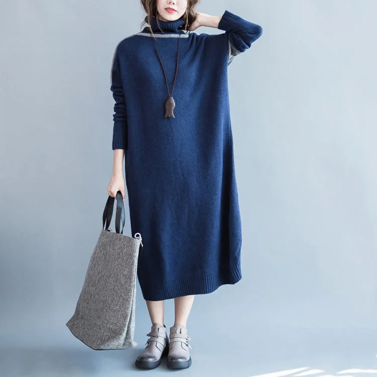 Stylish Women's Apparel Stylish Spring Fashion chunky dark blue knit dresses Loose fitting patchwork spring dresses high neck pullover Stylish Women's Apparel Stylish Spring Fashion chunky dark blue knit dresses Loose fitting patchwork spring dresses high neck pullover