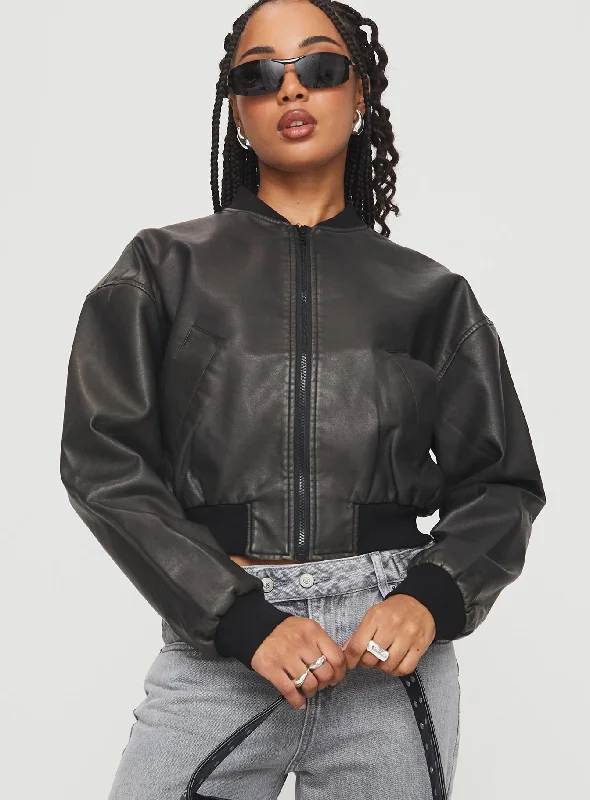 Comfortable Women's Clothing Fashion Forward Flaxie Faux Leather Bomber Jacket Black Comfortable Women's Clothing Fashion Forward Flaxie Faux Leather Bomber Jacket Black
