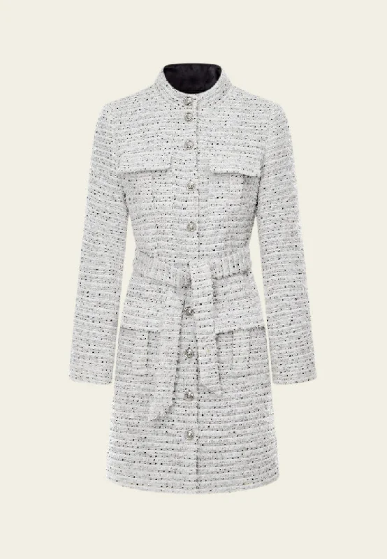 Women's Clothing Season Sale Frayed-detail Striped Mixed-tweed Belted Coat