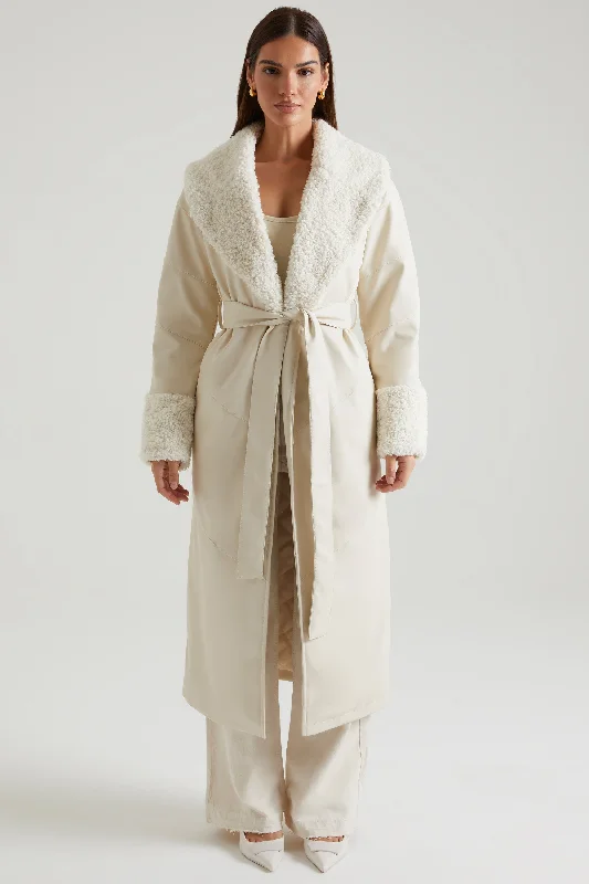 Women's Attire Travel Essentials Tie Up Coat with Shearling Collar and Cuffs in Cream Women's Attire Travel Essentials Tie Up Coat with Shearling Collar and Cuffs in Cream