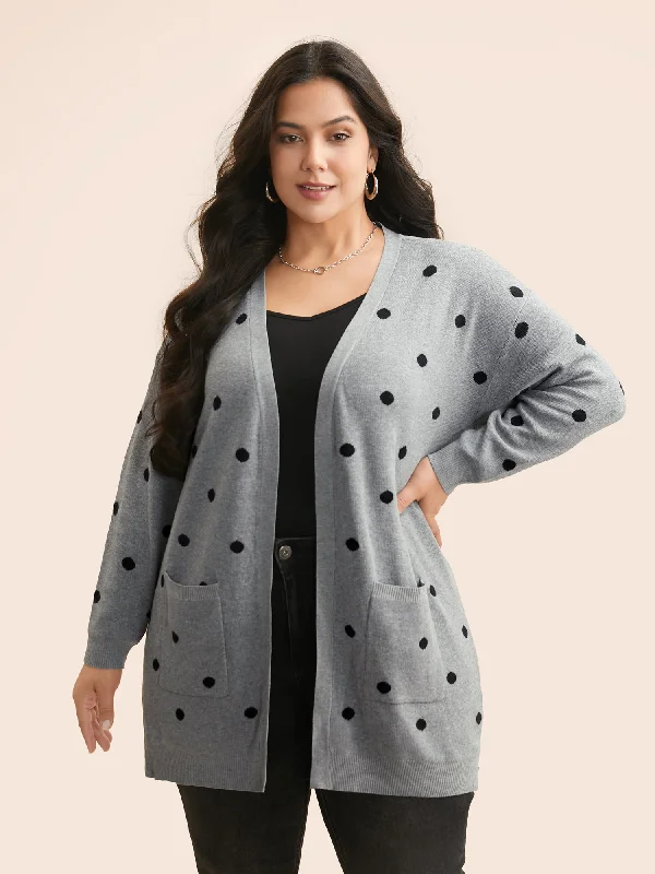 Women's Plus-Size Garments Vibrant Styles Polka Dot Kimono Collar Patch Pocket Cardigan Women's Plus-Size Garments Vibrant Styles Polka Dot Kimono Collar Patch Pocket Cardigan