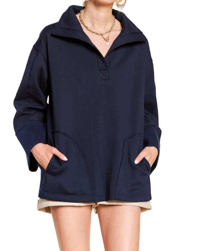 Women's Seasonal Garments Designer Wear On Sale Together At Last Collared Pullover In Navy Women's Seasonal Garments Designer Wear On Sale Together At Last Collared Pullover In Navy