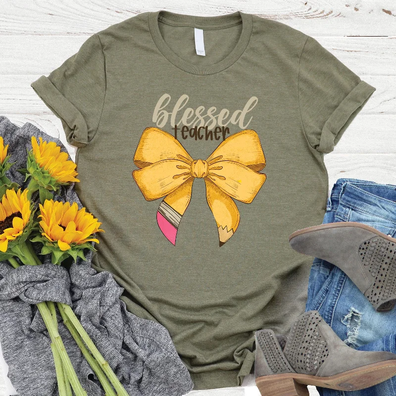 Sustainable Women's Apparel Versatile Style Wardrobe Blessed Teacher Bow Tee