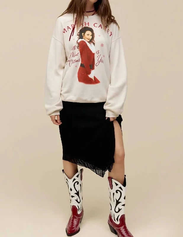 Women's High-Fashion Garments Athleisure Wear Promotion Mariah Carey All I Want For Christmas Bf Crew Sweatshirt In White