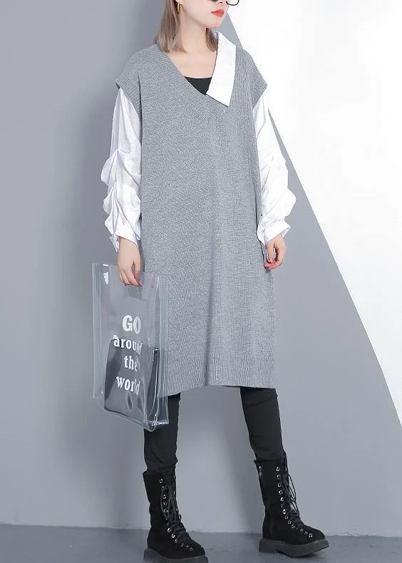Women's Classic Attire Wardrobe Essentials For Spring patchwork Puff Sleeve Sweater weather plus size gray Mujer knit dress Women's Classic Attire Wardrobe Essentials For Spring patchwork Puff Sleeve Sweater weather plus size gray Mujer knit dress