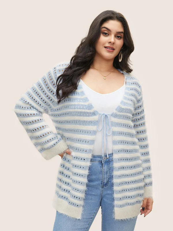 Plus-Size Women's Clothing Last Chance Sale Striped Contrast Ties Front Eyelet Cardigan Plus-Size Women's Clothing Last Chance Sale Striped Contrast Ties Front Eyelet Cardigan