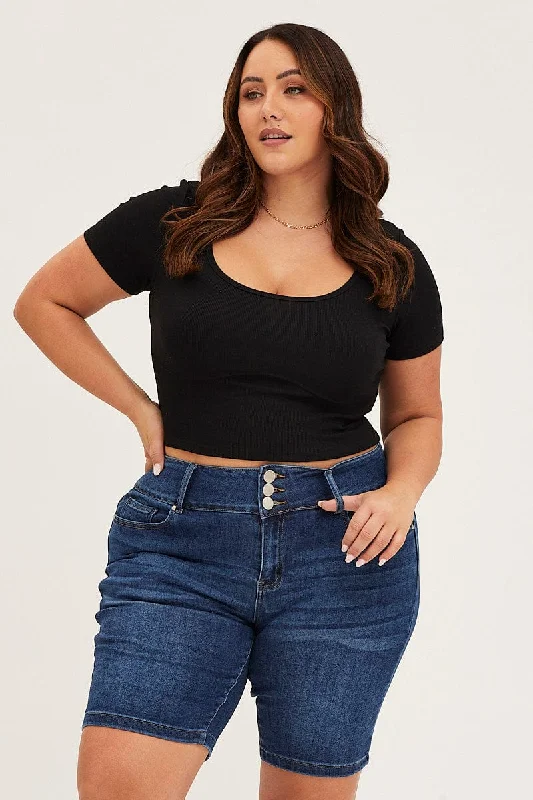 Women's Seasonal Wardrobe Clothing Effortless Sophistication Mid Blue High Rise 3 Buttons Knee Length Denim Shorts Women's Seasonal Wardrobe Clothing Effortless Sophistication Mid Blue High Rise 3 Buttons Knee Length Denim Shorts