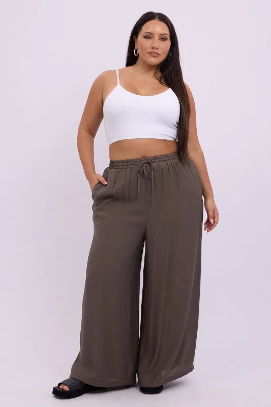 Women's Relaxed Clothes Romantic Flair Brown Tie Waist Textured Pants