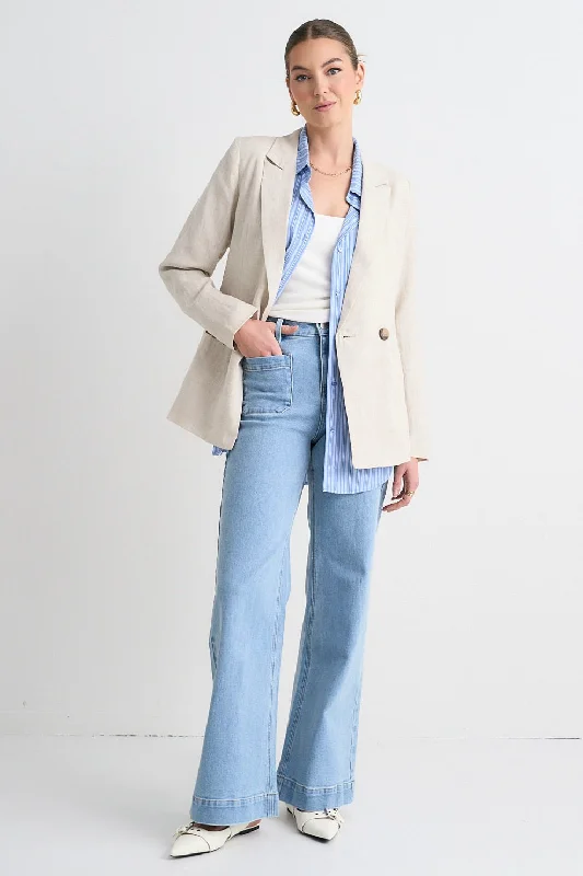 Women's Fashion-Forward Apparel Hollywood Glam Award - Show Style Atlas Natural Linen Double Breasted Blazer Women's Fashion-Forward Apparel Hollywood Glam Award - Show Style Atlas Natural Linen Double Breasted Blazer