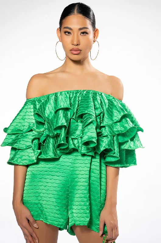 Women's Everyday Attire Must Haves WEEKEND OFF THE SHOULDER RUFFLE ROMPER