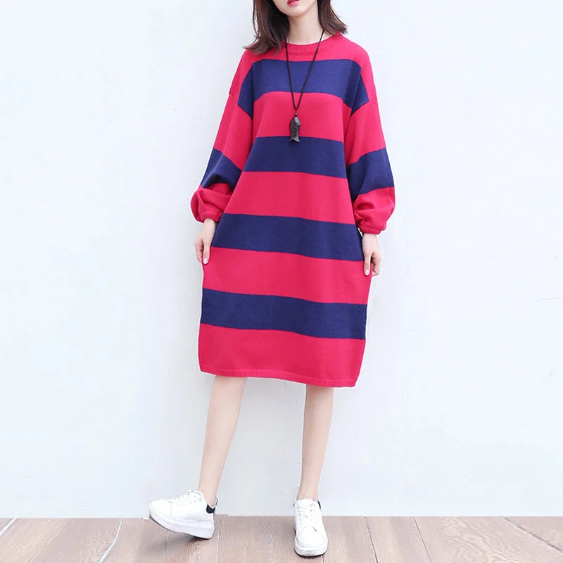 Women's Plus-Size Apparel Shop Sales plus size casual woolen knit dresses red blue striped patchwork oversize ling sleeve sweater dress Women's Plus-Size Apparel Shop Sales plus size casual woolen knit dresses red blue striped patchwork oversize ling sleeve sweater dress