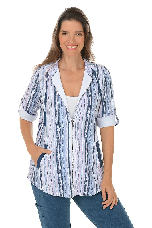 Women's Fashion Clothes Hot Styles Pastel Striped Zip-Front French Terry Hoodie