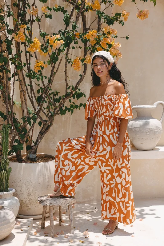 Sustainable Women's Clothes Last Chance Sale Solange Rust Orange Abstract Puff Sleeve Jumpsuit Sustainable Women's Clothes Last Chance Sale Solange Rust Orange Abstract Puff Sleeve Jumpsuit