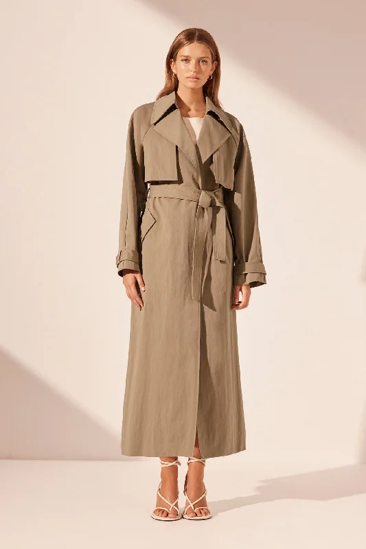 Women's Relaxed Outfit Brand Name Clothing Discount Extravaganza KAI RELAXED TRENCH COAT - GREY KHAKI Women's Relaxed Outfit Brand Name Clothing Discount Extravaganza KAI RELAXED TRENCH COAT - GREY KHAKI