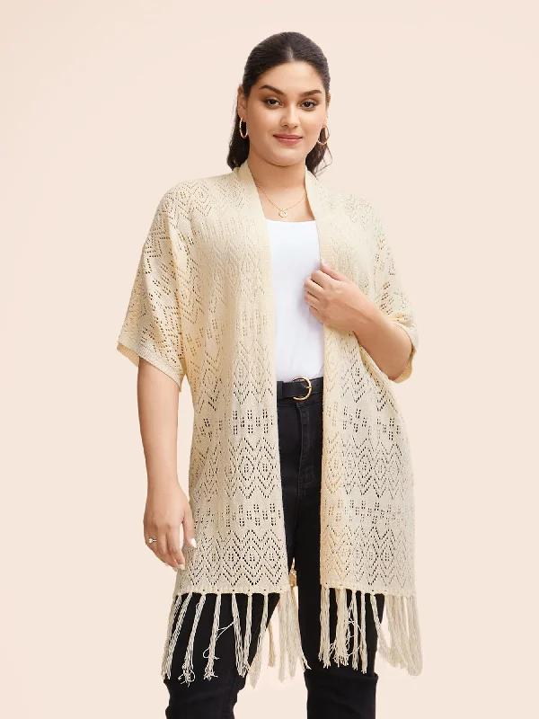 Modern Women's Outfit Evening Looks Kimono Collar Cut Out Tassel Trim Cardigan