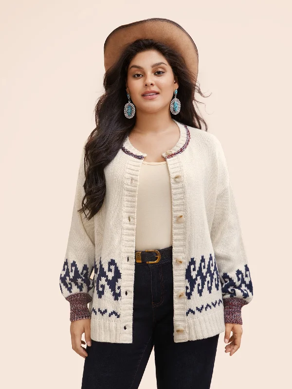 Women's Work Outfit For The Office Ends Soon Fair Isle Balloon Sleeve Crew Neck Cardigan Women's Work Outfit For The Office Ends Soon Fair Isle Balloon Sleeve Crew Neck Cardigan