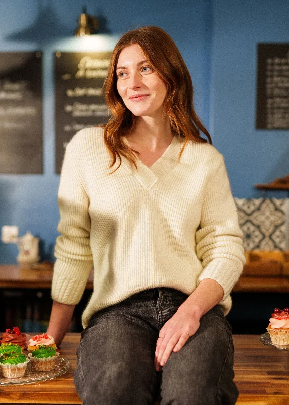 Charming Women's Outfit For Special Occasions Unbeatable Deals GAVARNIE - V-Neck Sweater with Cable-Knit Details | Mohair Blend (WINTER WHITE)