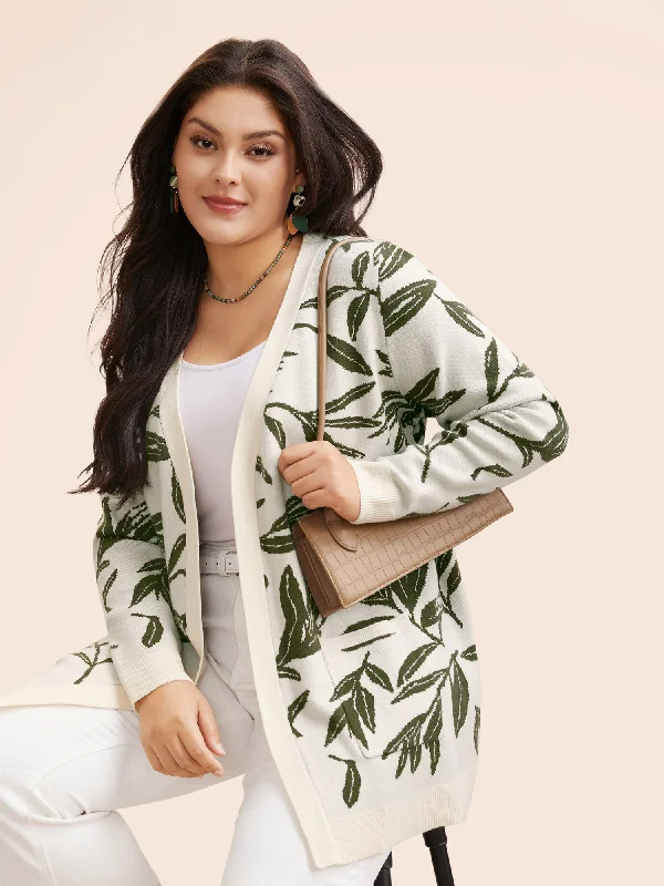 Fashionable Women's Clothes Graceful Movement Leaf Pattern Patch Pocket Jacquard Cardigan Fashionable Women's Clothes Graceful Movement Leaf Pattern Patch Pocket Jacquard Cardigan