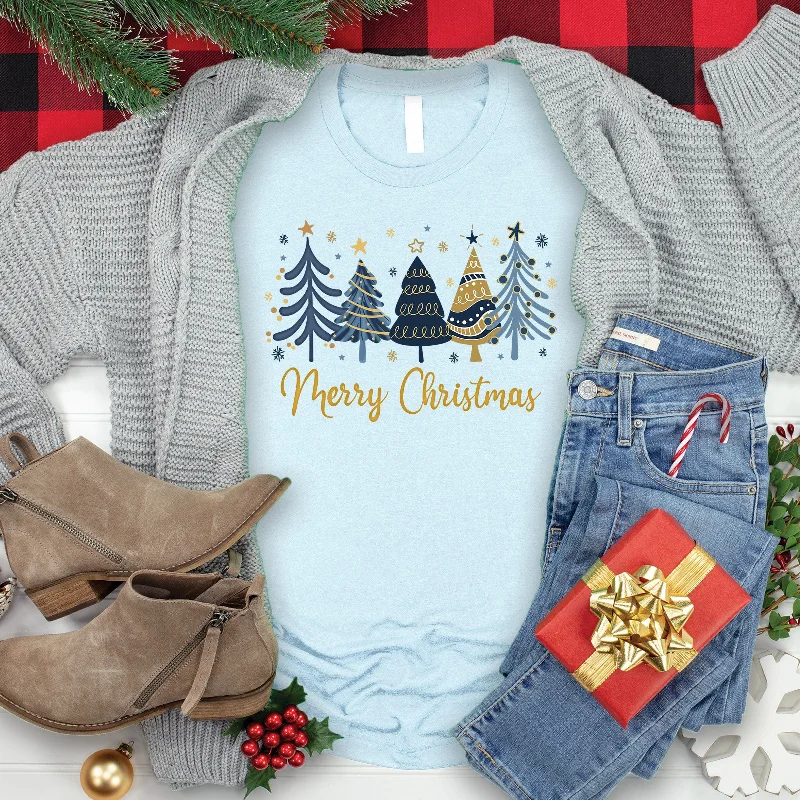 Women's Activewear Apparel Crazy Discounts, Hurry Up Merry Christmas Blue Trees Tee