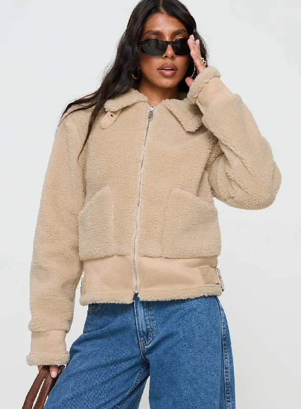 Women's Chic Outerwear Outfit Big Discounts Shearling Jacket Latte