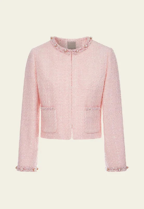 Women's Work Outfit Eco Friendly Fashion Sale Braided-detail Pearl-embellished Cropped Jacket Women's Work Outfit Eco Friendly Fashion Sale Braided-detail Pearl-embellished Cropped Jacket
