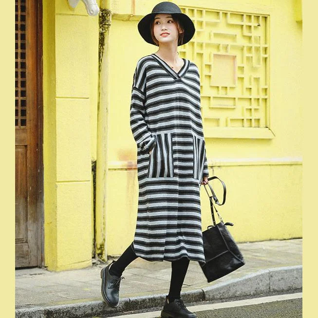 Women's Everyday Garments Casual Chic Women Fashion Gray Striped Loose Sweater Dresses For Winter Women's Everyday Garments Casual Chic Women Fashion Gray Striped Loose Sweater Dresses For Winter
