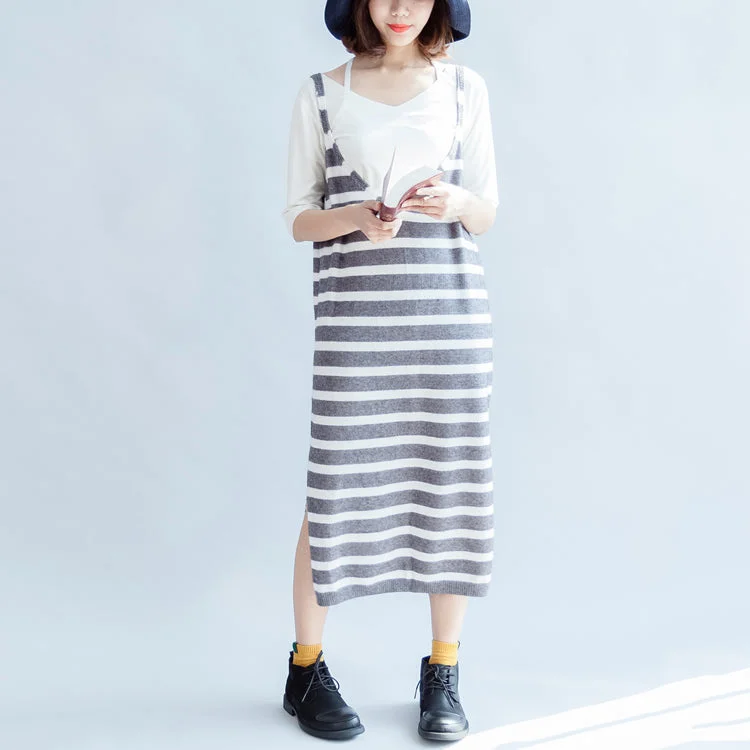 Women's Stylish Professional Apparel Brand Name Clothing Discount Extravaganza 2024 new fashion gray white striped sweater sleeveless dresses loose casual dress side open Women's Stylish Professional Apparel Brand Name Clothing Discount Extravaganza 2024 new fashion gray white striped sweater sleeveless dresses loose casual dress side open