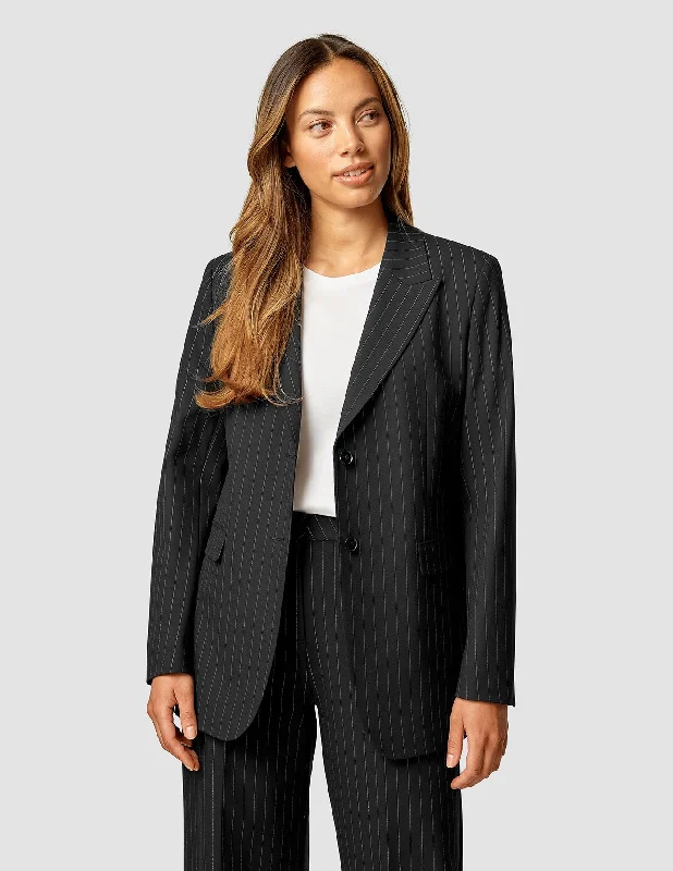 Women's Outdoor Activity Garments Effortless Style Essential Blazer Black Silver Pinstripe Women's Outdoor Activity Garments Effortless Style Essential Blazer Black Silver Pinstripe