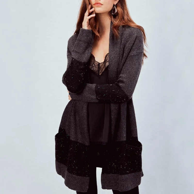 Women's Chic Outfit Versatile Wardrobe Essentials Open Cardigan (Charcoal/Black)