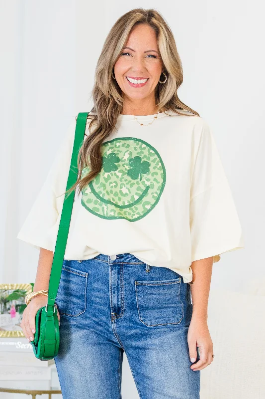 Women's Athletic Clothes Feminine Charm Lucky Smile Boyfriend Tee, Ivory
